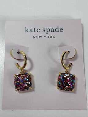 Kate Spade New York Multi Glitter Mini Square Huggie Earrings NWT Gold Tone